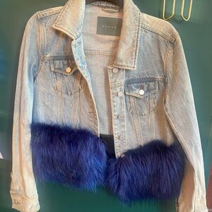 Denim Jacket with Blue Faux Fur Trim